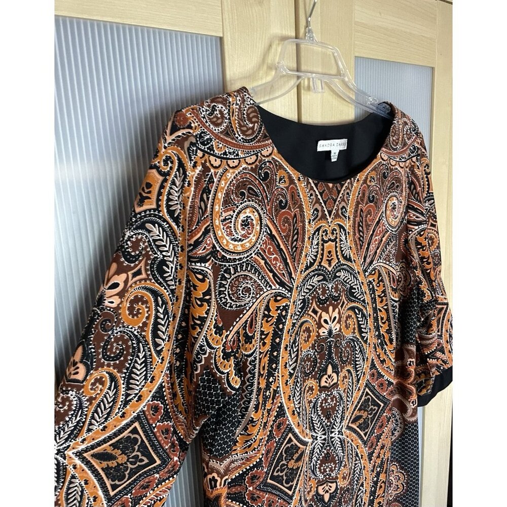 Sandra Darren Paisley Shift‎ Dress Black Brown Sz 16 Party Career Casual Boho - Picture 2 of 5